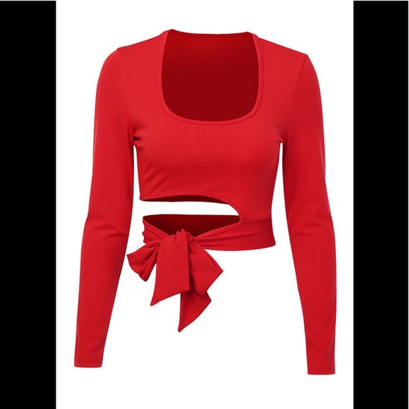 Sexy Red Side Tie Hollow Out long Sleeve Crop Shirt ❌Last 1 ❌ - Picture 3 of 5